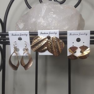 3 pair vtg gold tone hammered metal earrings